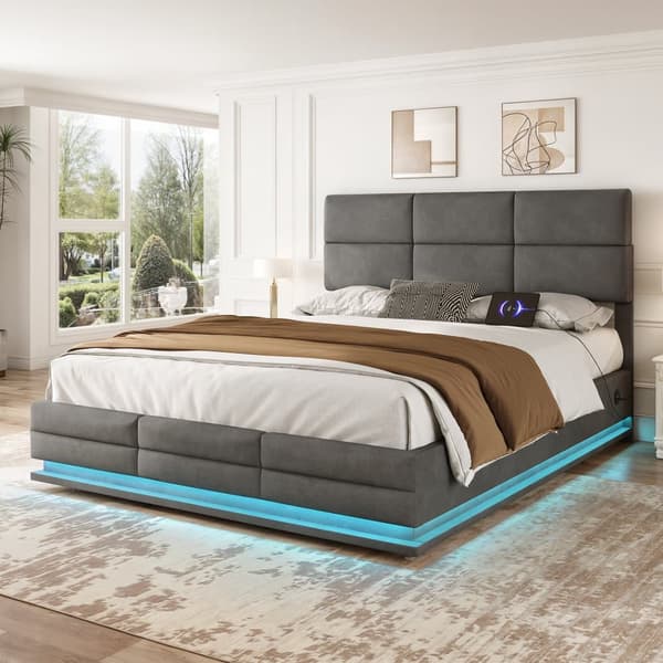 Dobbeltseng 160x200 cm i grå velour med LED-belysning, USB-C opladningsport og hydraulisk opbevaring