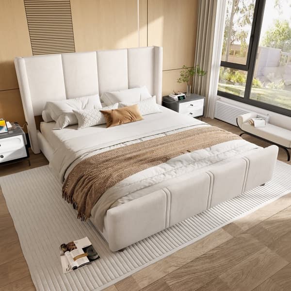 160 x 200 cm parisängyn runko, moderni verhoilurunko, korkea pää ja jalkapää, USB-portti, yhdistetty rauta- ja puurunko, vakaa ja kestävä, beige