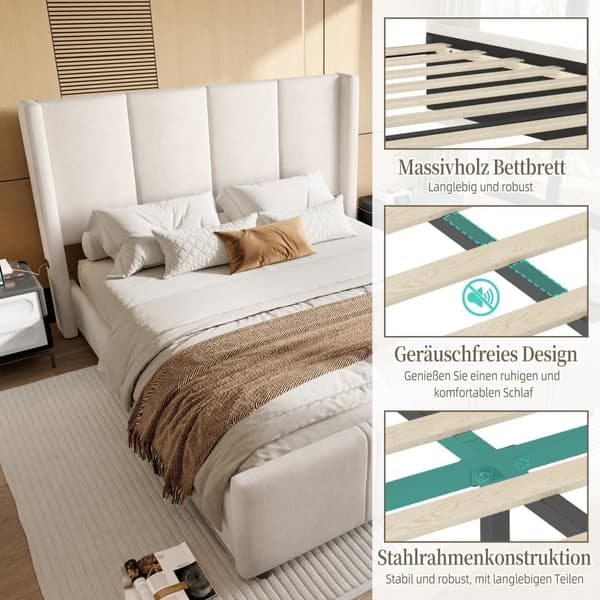160 x 200 cm parisängyn runko, moderni verhoilurunko, korkea pää ja jalkapää, USB-portti, yhdistetty rauta- ja puurunko, vakaa ja kestävä, beige