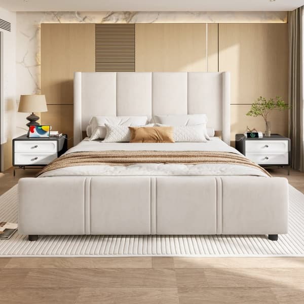 160 x 200 cm parisängyn runko, moderni verhoilurunko, korkea pää ja jalkapää, USB-portti, yhdistetty rauta- ja puurunko, vakaa ja kestävä, beige