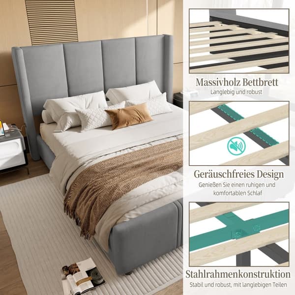 140 x 200 cm dobbeltsengsstel, moderne polstringsstel, højt hoved- og fodgærde, USB-port, kombineret stel i jern og træ, stabilt og holdbart, grå