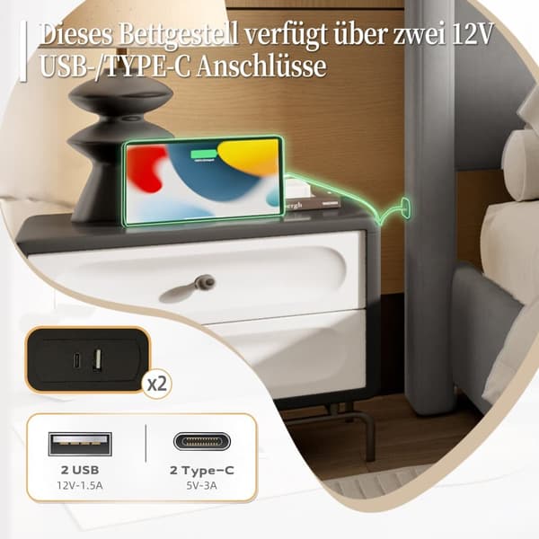 140 x 200 cm dobbeltsengsstel, moderne polstringsstel, højt hoved- og fodgærde, USB-port, kombineret stel i jern og træ, stabilt og holdbart, grå