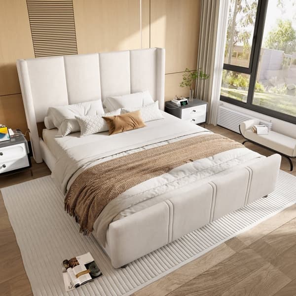 140 x 200 cm dobbeltsengsramme, moderne polstringsstel, højt hoved- og fodbræt, USB-port, kombineret jern- og træstel, stabilt og holdbart, beige