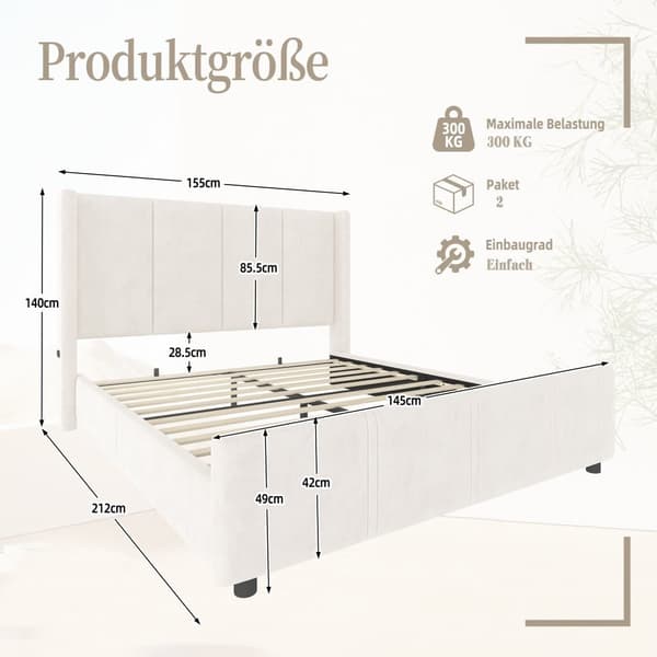 140 x 200 cm dobbeltsengsramme, moderne polstringsstel, højt hoved- og fodbræt, USB-port, kombineret jern- og træstel, stabilt og holdbart, beige
