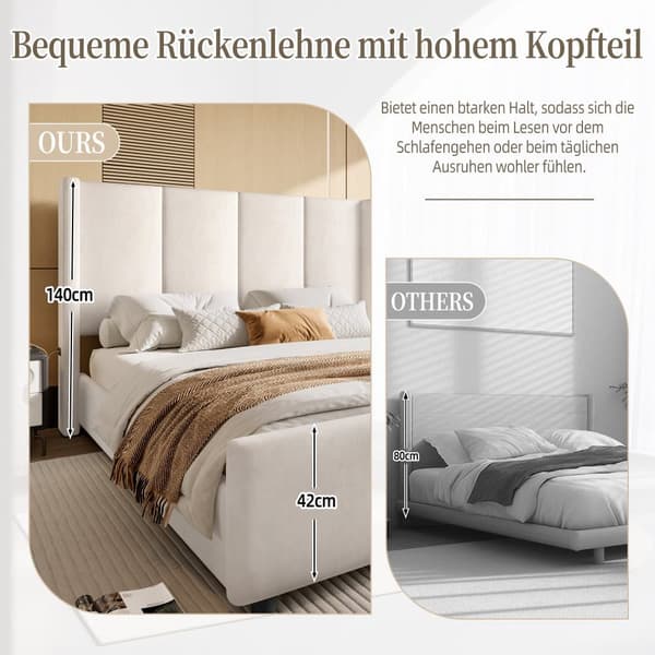140 x 200 cm dobbeltsengsramme, moderne polstringsstel, højt hoved- og fodbræt, USB-port, kombineret jern- og træstel, stabilt og holdbart, beige