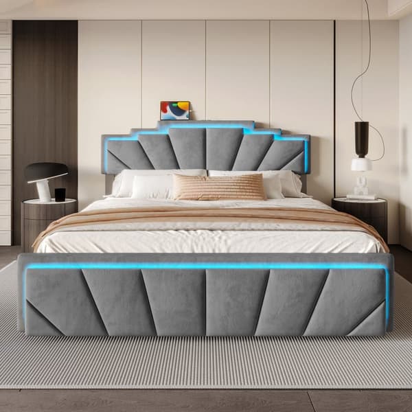 160x200cm Dubbelsäng i Sammet – Modern Design med Trapezformat Sänggavel, Inbyggd LED-belysning, USB Type-C, Justerbar Höjd & 2 Rymliga Förvaringslådo