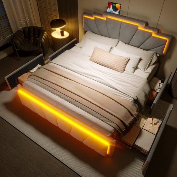 140x200 cm fløjl dobbeltseng – moderne sengeramme med trapezformet sengegavl, LED-belysning, USB-C og opbevaringsbokse