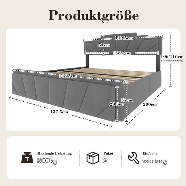 140x200 cm fløjl dobbeltseng – moderne sengeramme med trapezformet sengegavl, LED-belysning, USB-C og opbevaringsbokse