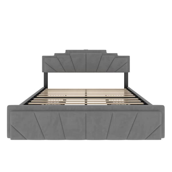 140x200 cm fløjl dobbeltseng – moderne sengeramme med trapezformet sengegavl, LED-belysning, USB-C og opbevaringsbokse
