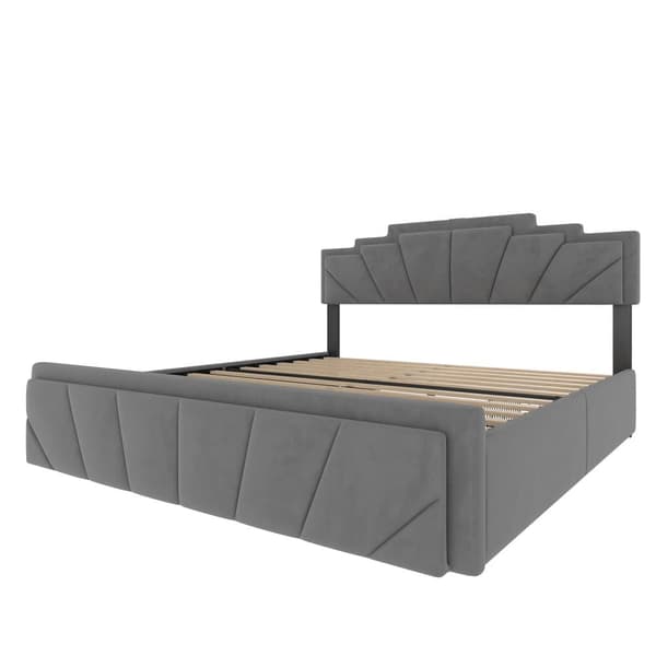140x200 cm fløjl dobbeltseng – moderne sengeramme med trapezformet sengegavl, LED-belysning, USB-C og opbevaringsbokse