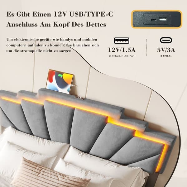 140x200 cm fløjl dobbeltseng – moderne sengeramme med trapezformet sengegavl, LED-belysning, USB-C og opbevaringsbokse