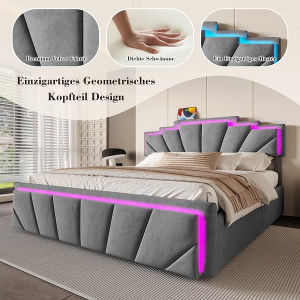 140x200 cm fløjl dobbeltseng – moderne sengeramme med trapezformet sengegavl, LED-belysning, USB-C og opbevaringsbokse