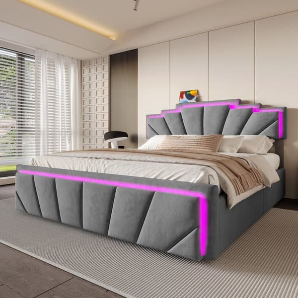 140x200 cm fløjl dobbeltseng – moderne sengeramme med trapezformet sengegavl, LED-belysning, USB-C og opbevaringsbokse