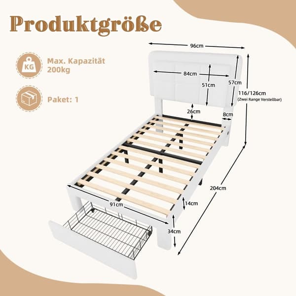 90x200 cm enkeltseng med bamsefløjl, justerbar sengegavl og LED-lys, USB-port – moderne sengeramme i metal og træ