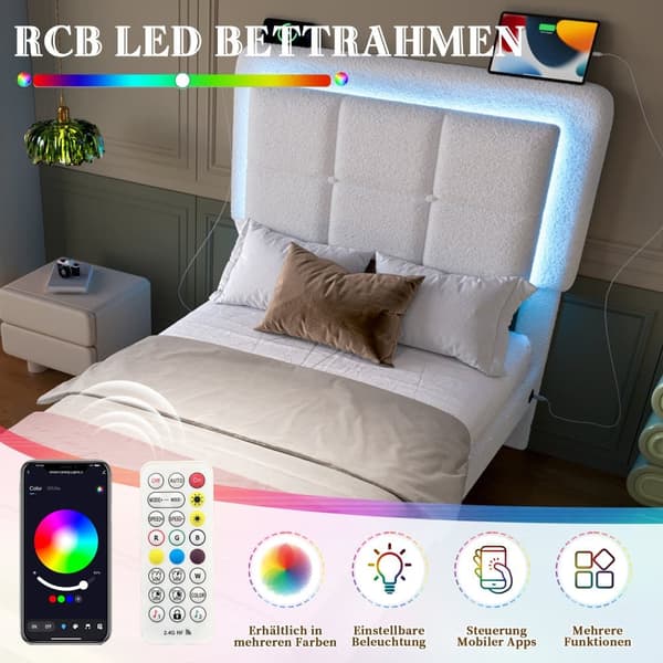 90x200 cm enkeltseng med bamsefløjl, justerbar sengegavl og LED-lys, USB-port – moderne sengeramme i metal og træ