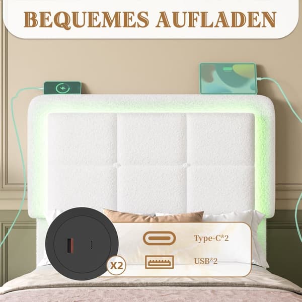 90x200 cm enkeltseng med bamsefløjl, justerbar sengegavl og LED-lys, USB-port – moderne sengeramme i metal og træ