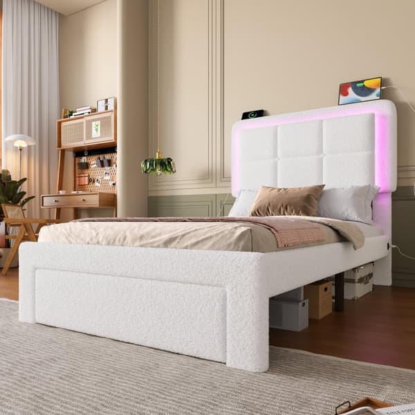 90x200 cm enkeltseng med bamsefløjl, justerbar sengegavl og LED-lys, USB-port – moderne sengeramme i metal og træ