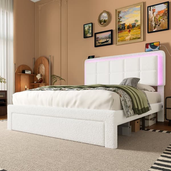 Parivuode 140x200 cm teddykankaalla, säädettävä sängynpääty, LED-valaistus ja USB, moderni sängynrunko metallia ja puuta