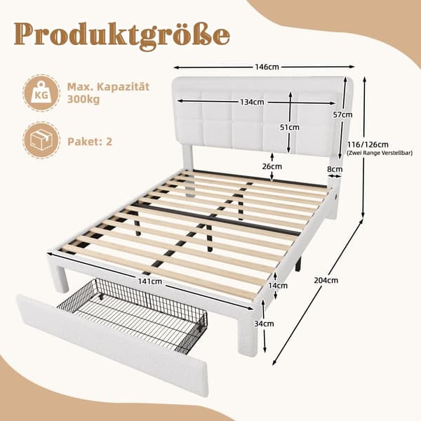 Parivuode 140x200 cm teddykankaalla, säädettävä sängynpääty, LED-valaistus ja USB, moderni sängynrunko metallia ja puuta