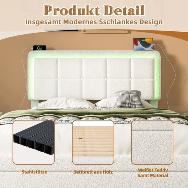 Parivuode 140x200 cm teddykankaalla, säädettävä sängynpääty, LED-valaistus ja USB, moderni sängynrunko metallia ja puuta