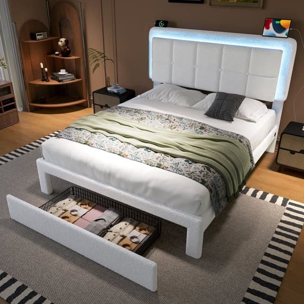 Parivuode 140x200 cm teddykankaalla, säädettävä sängynpääty, LED-valaistus ja USB, moderni sängynrunko metallia ja puuta