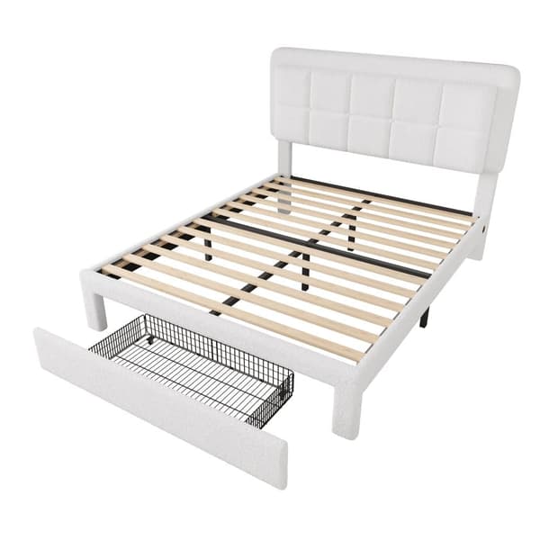 Dobbeltseng 160x200 med teddystof, justerbar sengegavl og LED-belysning, USB-port, moderne sengeramme i metal og træ