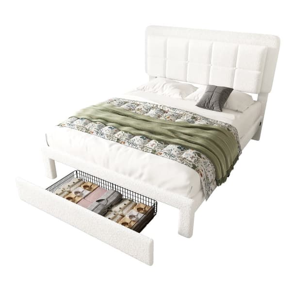 Dobbeltseng 160x200 med teddystof, justerbar sengegavl og LED-belysning, USB-port, moderne sengeramme i metal og træ