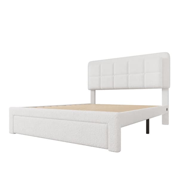 Dobbeltseng 160x200 med teddystof, justerbar sengegavl og LED-belysning, USB-port, moderne sengeramme i metal og træ