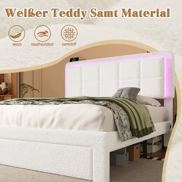 Dobbeltseng 160x200 med teddystof, justerbar sengegavl og LED-belysning, USB-port, moderne sengeramme i metal og træ