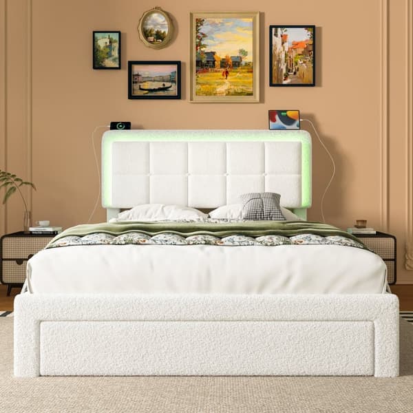 Dobbeltseng 160x200 med teddystof, justerbar sengegavl og LED-belysning, USB-port, moderne sengeramme i metal og træ