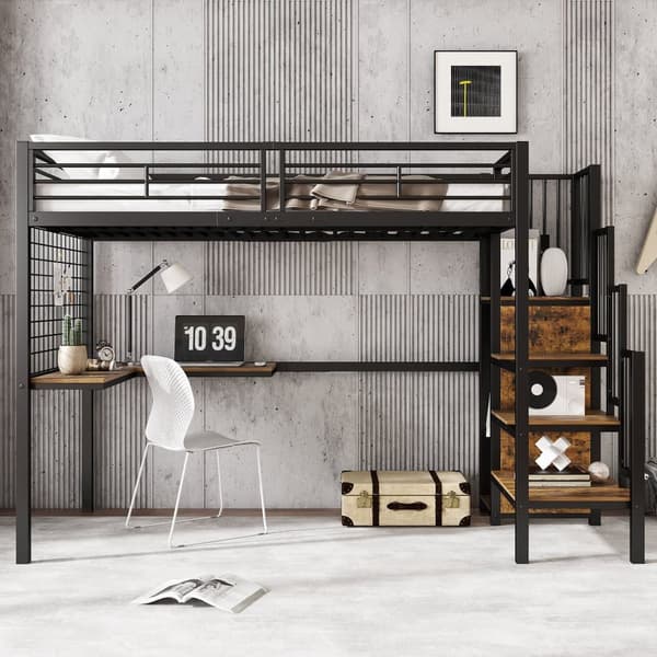 Våningssäng 90x200 cm - med skrivbord och garderob - i järn och spånskiva - Svart