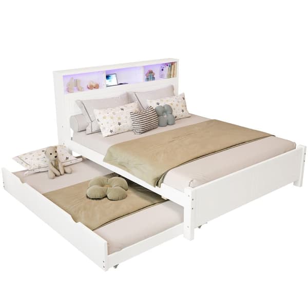 Parivuode 120x200 cm - Rinnalla 90x190 cm - LEDillä + USB-liitännällä - Sängynpääty säilytyslokerolla - Valkoinen
