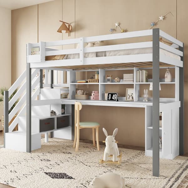 Parvisänky 90x200 cm - työpöydällä ja hyllyillä - turvatikkaat 4 portaalla - massiivipuu + MDF - valkoinen + harmaa (ilman patjaa)