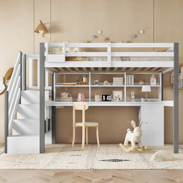 Parvisänky 90x200 cm - työpöydällä ja hyllyillä - turvatikkaat 4 portaalla - massiivipuu + MDF - valkoinen + harmaa (ilman patjaa)