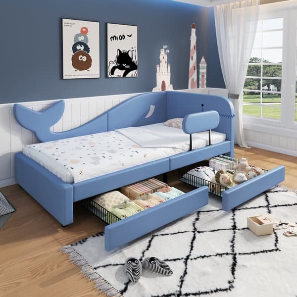 Børneseng 90x200 cm - med 2 skuffer - velformet design - PU+MDF+krydsfiner - blå (uden madras)