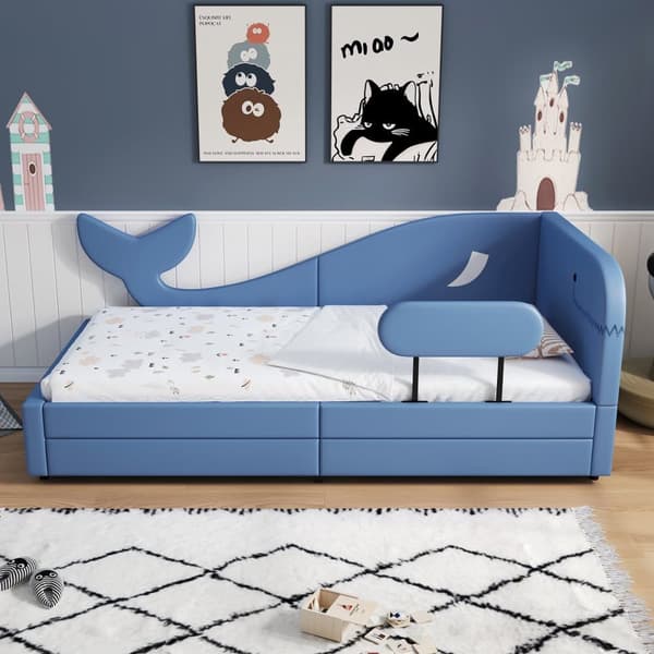 Børneseng 90x200 cm - med 2 skuffer - velformet design - PU+MDF+krydsfiner - blå (uden madras)
