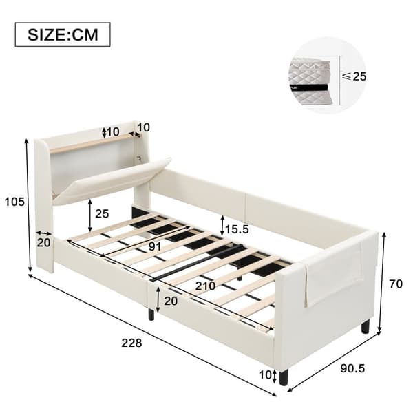 Barnsäng 90x200 cm - med 3 förvaringsfickor - med säkerhetsbarriärer - med huvudstöd i boxform - PU + MDF + plywood - vit (utan madrass)