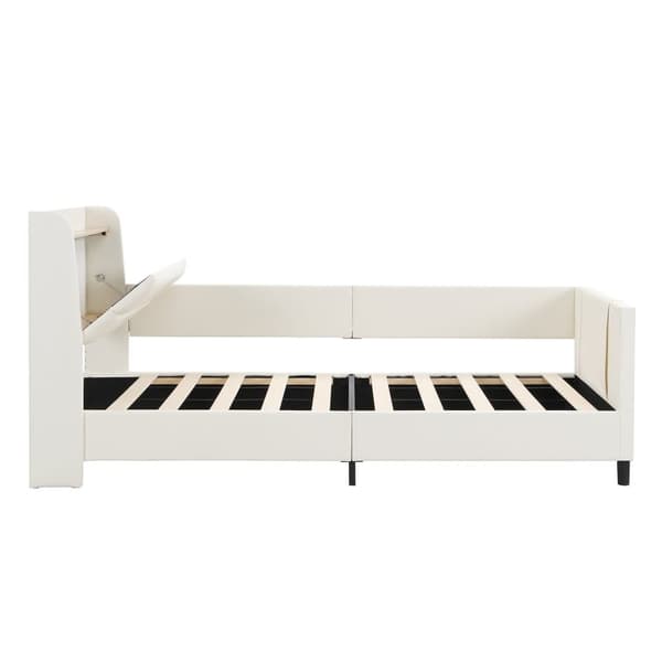 Barnsäng 90x200 cm - med 3 förvaringsfickor - med säkerhetsbarriärer - med huvudstöd i boxform - PU + MDF + plywood - vit (utan madrass)