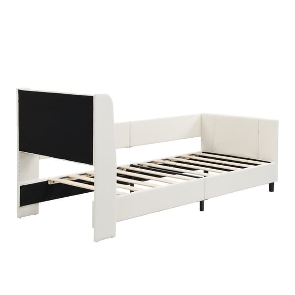 Barnsäng 90x200 cm - med 3 förvaringsfickor - med säkerhetsbarriärer - med huvudstöd i boxform - PU + MDF + plywood - vit (utan madrass)