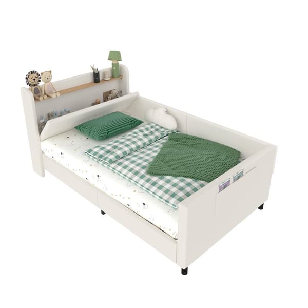 Barnsäng 90x200 cm - med 3 förvaringsfickor - med säkerhetsbarriärer - med huvudstöd i boxform - PU + MDF + plywood - vit (utan madrass)