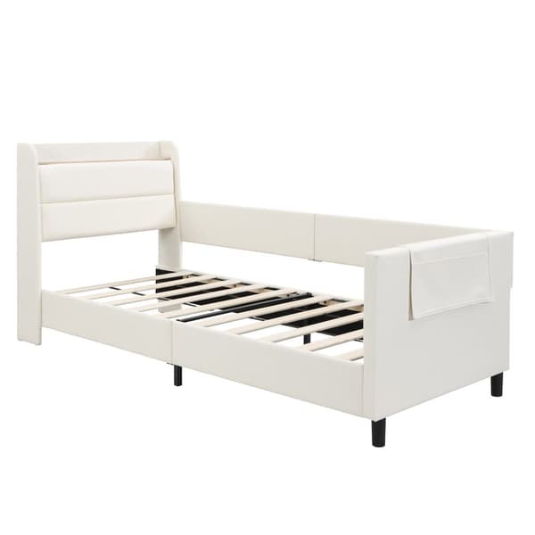 Barnsäng 90x200 cm - med 3 förvaringsfickor - med säkerhetsbarriärer - med huvudstöd i boxform - PU + MDF + plywood - vit (utan madrass)