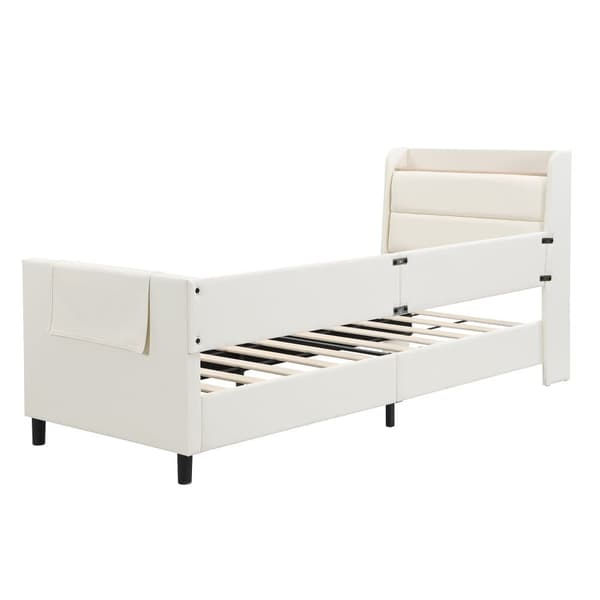 Barnsäng 90x200 cm - med 3 förvaringsfickor - med säkerhetsbarriärer - med huvudstöd i boxform - PU + MDF + plywood - vit (utan madrass)