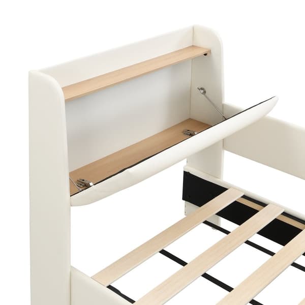 Barnsäng 90x200 cm - med 3 förvaringsfickor - med säkerhetsbarriärer - med huvudstöd i boxform - PU + MDF + plywood - vit (utan madrass)