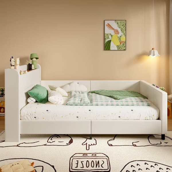 Barnsäng 90x200 cm - med 3 förvaringsfickor - med säkerhetsbarriärer - med huvudstöd i boxform - PU + MDF + plywood - vit (utan madrass)
