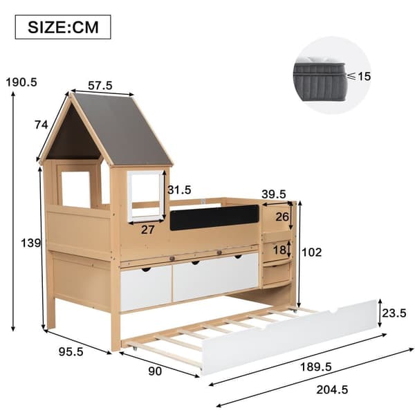 Køjeseng 90 x 200 cm - Med kommode 90x190 cm - Med 2 skuffer - Med udtrækkeligt bord - Massivt træ - Hvid + natur (uden madras)