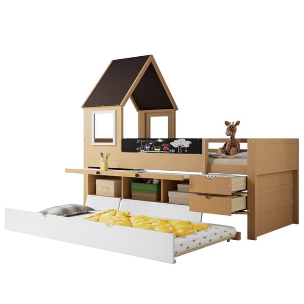 Køjeseng 90 x 200 cm - Med kommode 90x190 cm - Med 2 skuffer - Med udtrækkeligt bord - Massivt træ - Hvid + natur (uden madras)