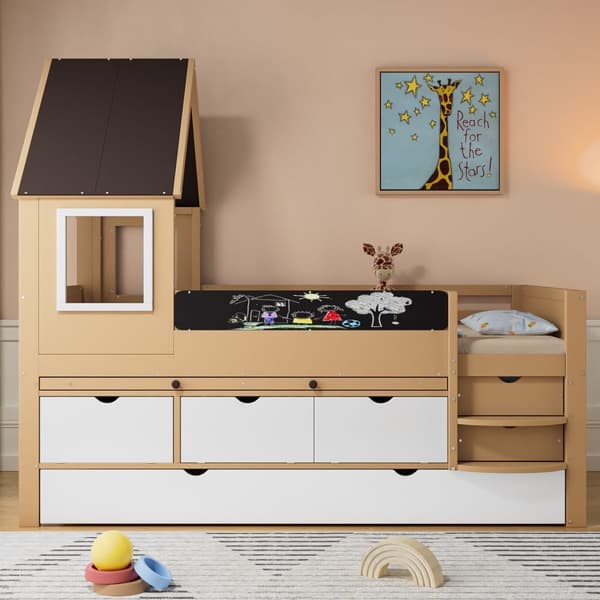 Køjeseng 90 x 200 cm - Med kommode 90x190 cm - Med 2 skuffer - Med udtrækkeligt bord - Massivt træ - Hvid + natur (uden madras)