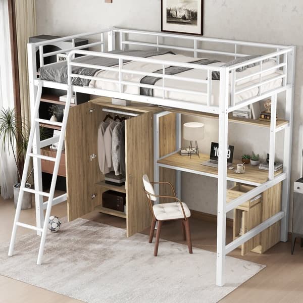 Hems seng 90x200 cm - med skrivebord og hylder - med garderobe - sikkerhedsstige med 4 trin - metal + MDF - hvid + natur (uden madras)