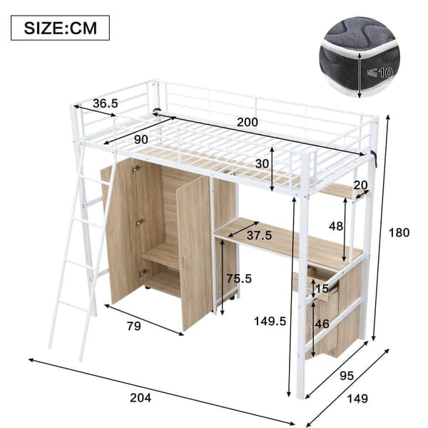 Hems seng 90x200 cm - med skrivebord og hylder - med garderobe - sikkerhedsstige med 4 trin - metal + MDF - hvid + natur (uden madras)