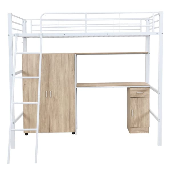 Hems seng 90x200 cm - med skrivebord og hylder - med garderobe - sikkerhedsstige med 4 trin - metal + MDF - hvid + natur (uden madras)